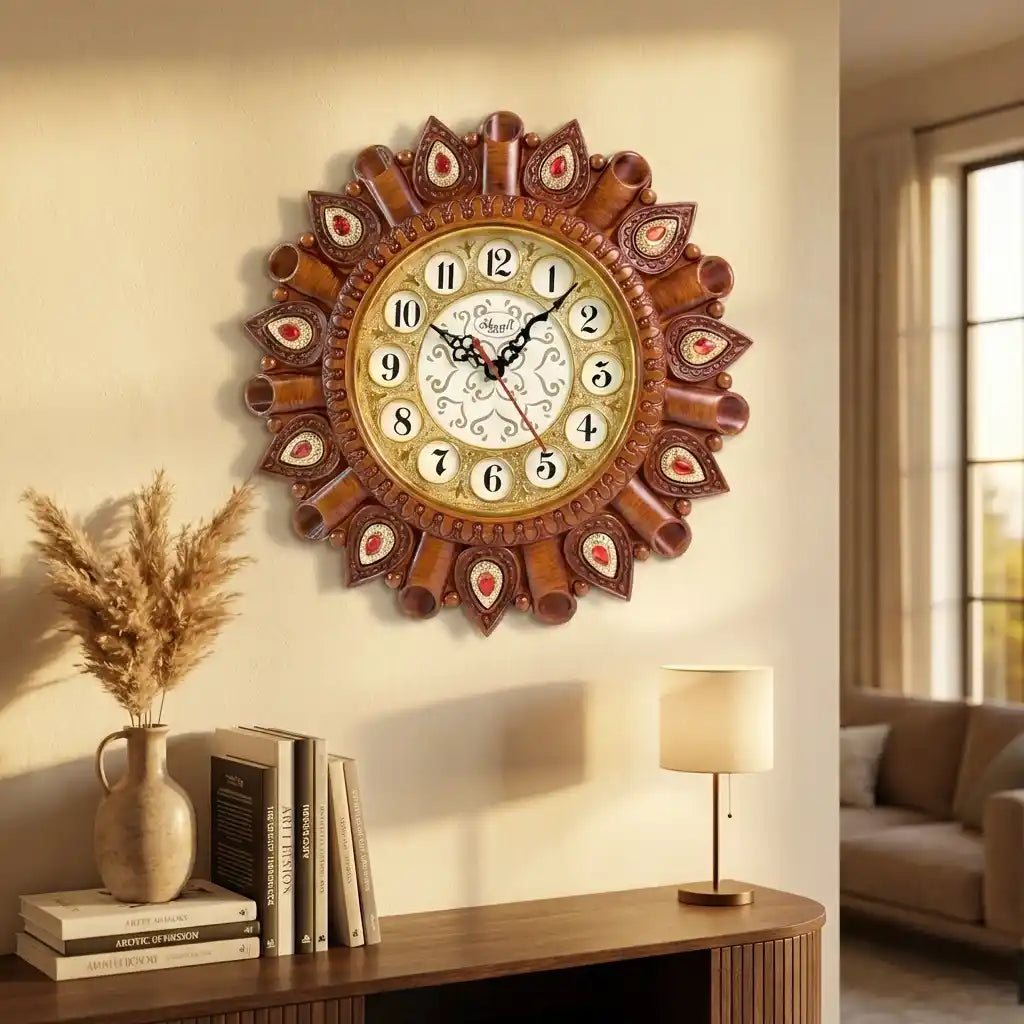 Decorative round wall clock with dark brown rosette border, red medallions, cream face, Roman numerals.