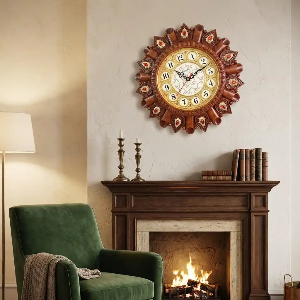 Ornate wall clock on a cream wall: dark brown carved rim, red accents, cream dial, Roman numerals.