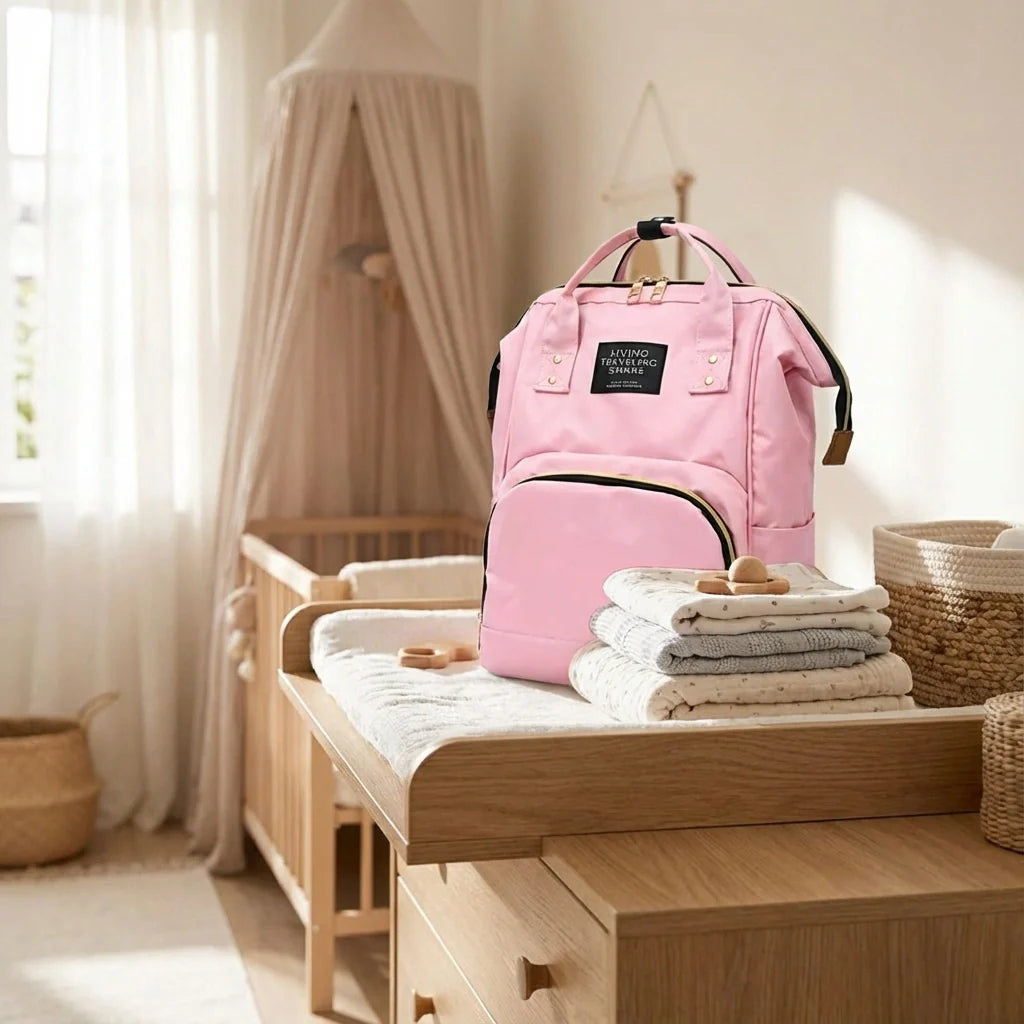 Mom's large diaper backpack in pink with front pockets and padded shoulder straps