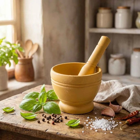 Yellow mortar and pestle set with pestle resting inside