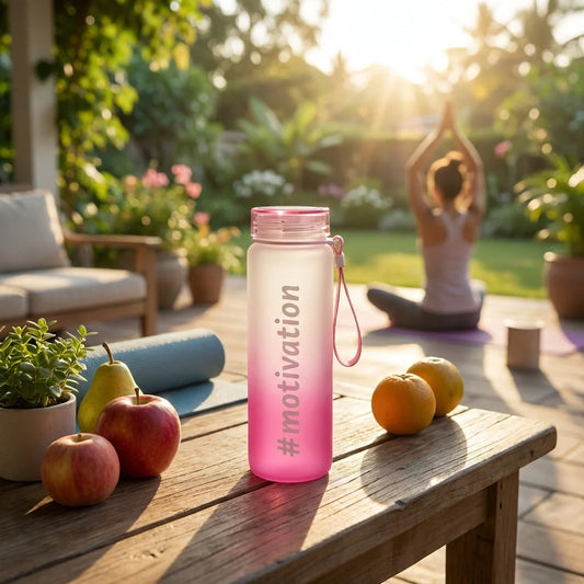 Motivational glass water bottle with pink screw cap and carry loop, pink '#motivation' print