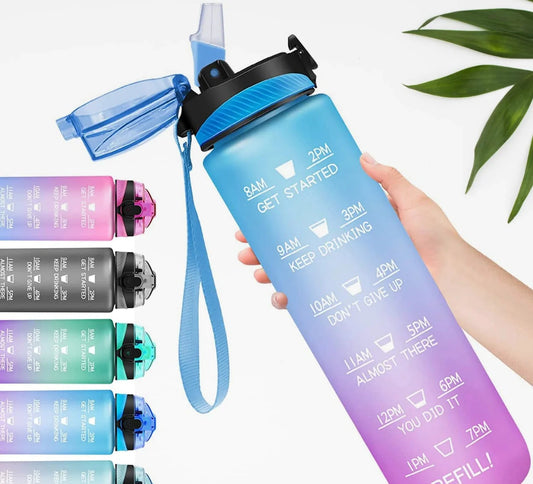 Motivational water bottle with time-based quote, blue-to-purple gradient, wrist strap