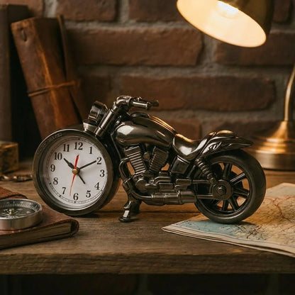 Motorcycle-shaped table alarm clock with round white dial and red hands