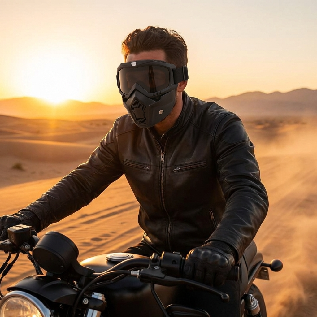 Black windproof motorcycle glasses mask with wide goggles and respirator-style mouth cover