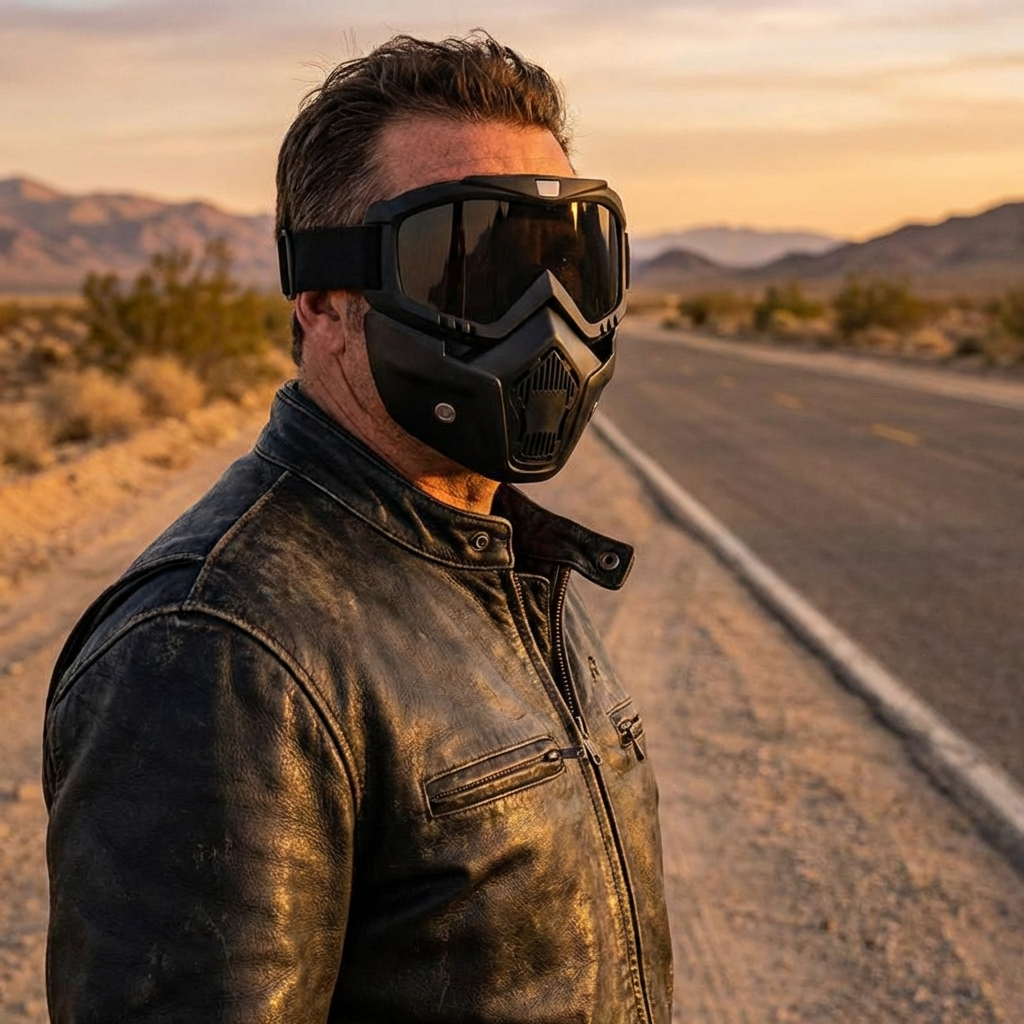 Black windproof motorcycle glasses mask with large tinted goggles and face respirator