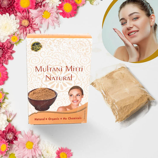 Multani mitti clay pack with Natural label and brown clay powder in sachet