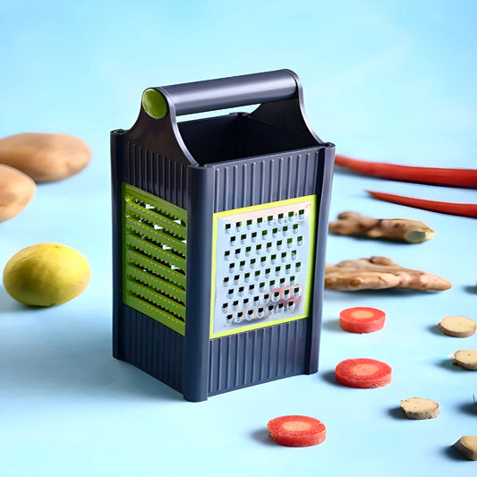 Multi-blade grater slicer with green shredder drum and grating plate