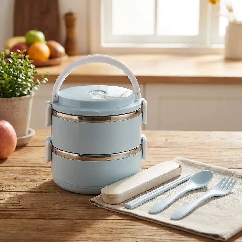 Light blue multi-layer hot lunch box with handle and stacked containers