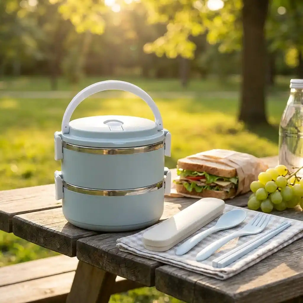 Light blue multi-layer hot lunch box with handle and utensils beside it