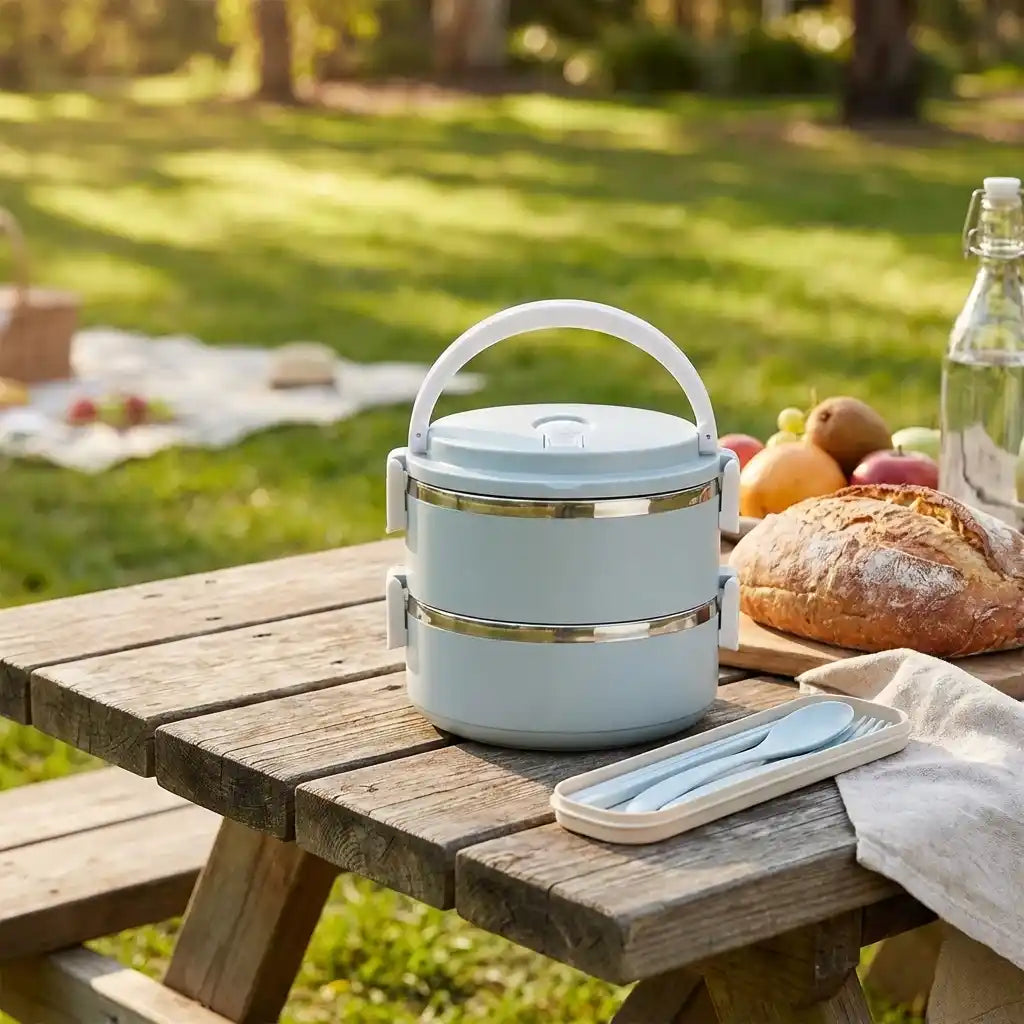 Light blue multi-layer hot lunch box with handle and utensils beside it