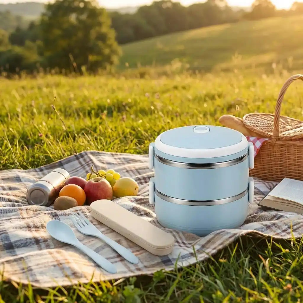 Light blue multi-layer hot lunch box with handle and utensils laid out