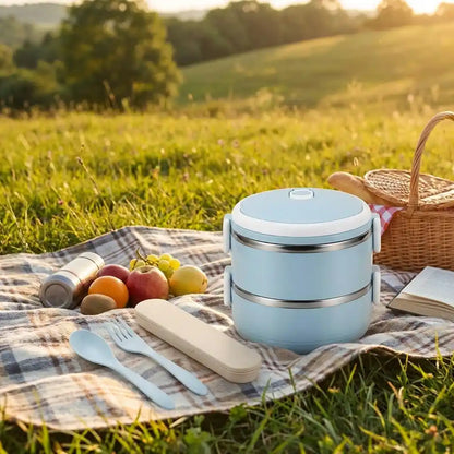 Light blue multi-layer hot lunch box with handle and utensils laid out