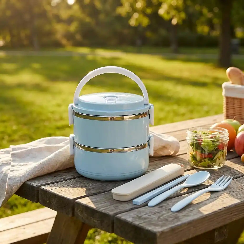 Light blue multi-layer hot lunch box with handle and utensils on cloth