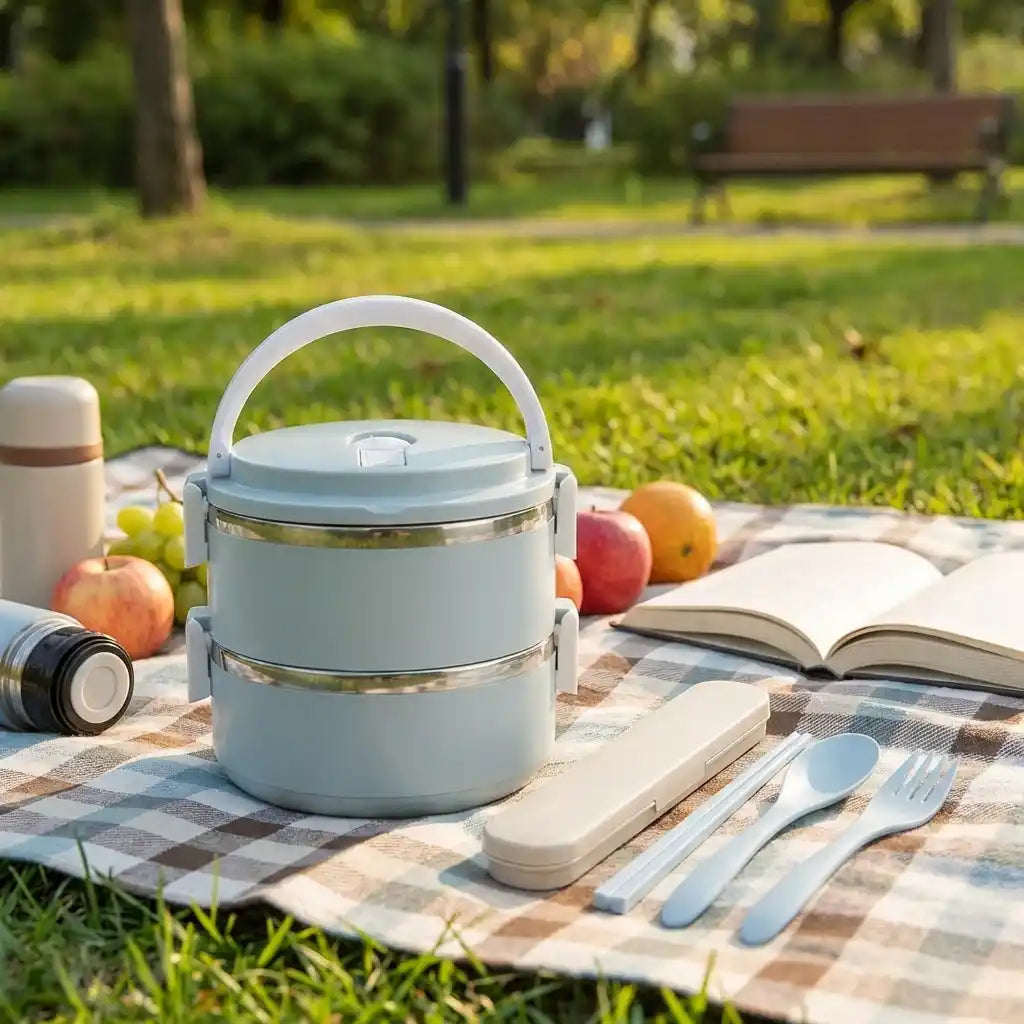 Light blue multi-layer hot lunch box with open lid and utensils set