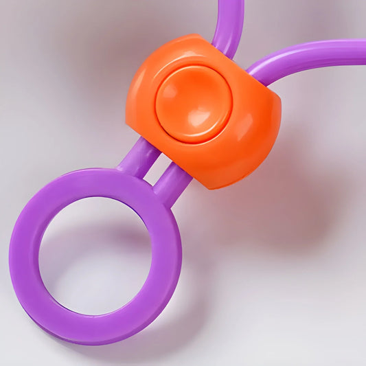 Multi-purpose bag clip with purple loop and orange snap handle