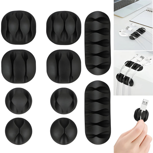 Set of black cable clips with curved grips for holding cables in place