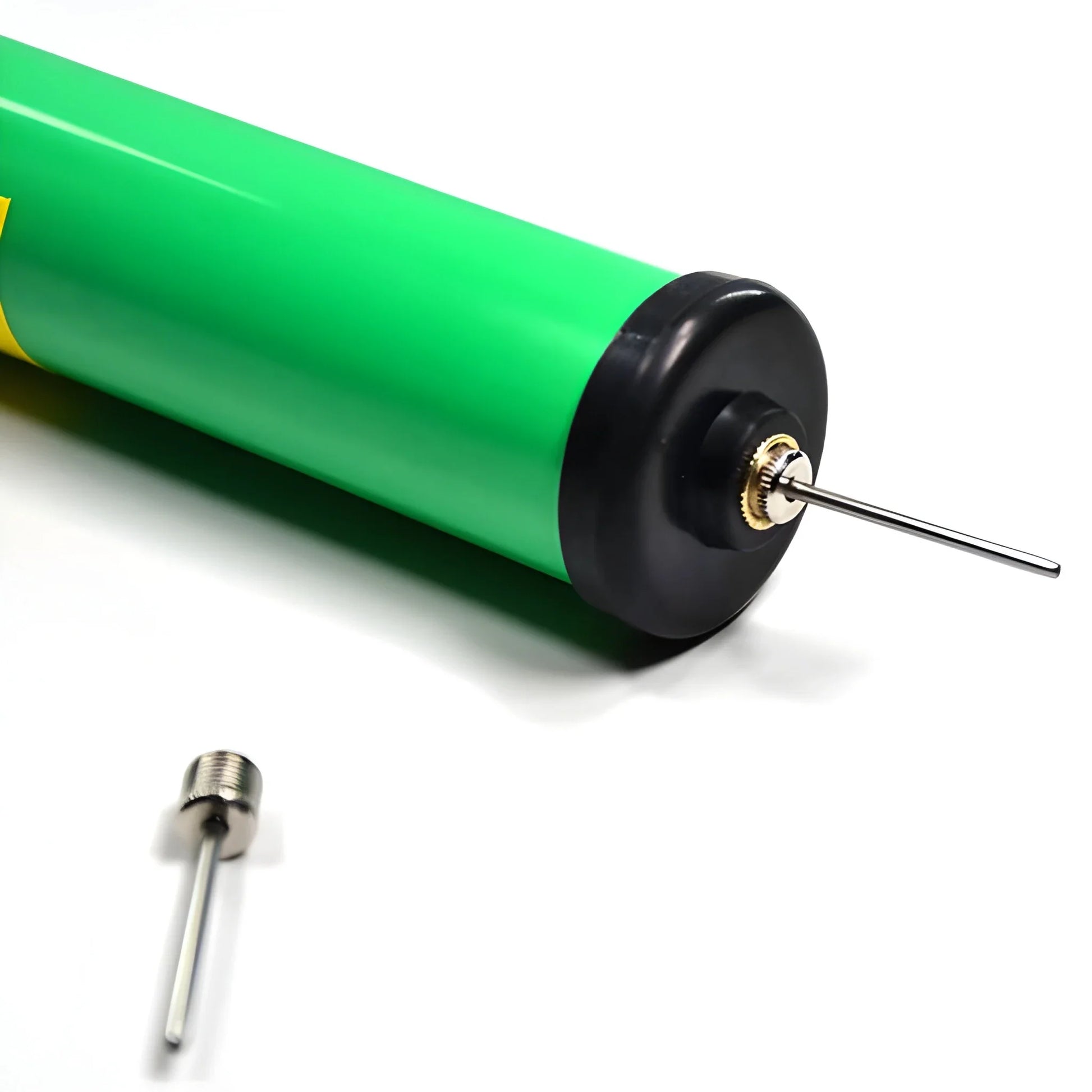 Green hand air pump with black base and metal valve needle