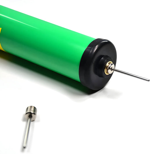 Green hand air pump with black base and metal valve needle