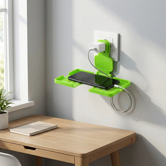 Wall charging holder with green charging dock and phone on flat shelf