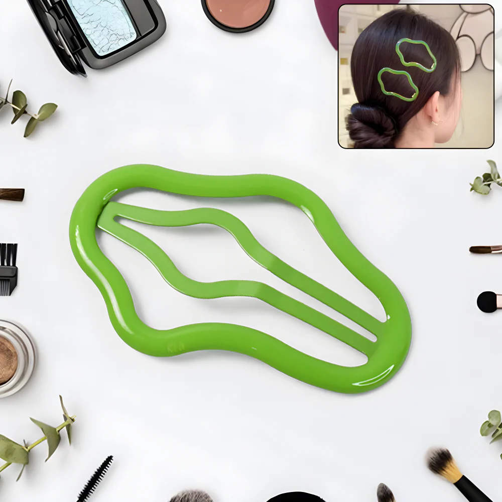Green metal hair clips, curved set of two with ridged prongs