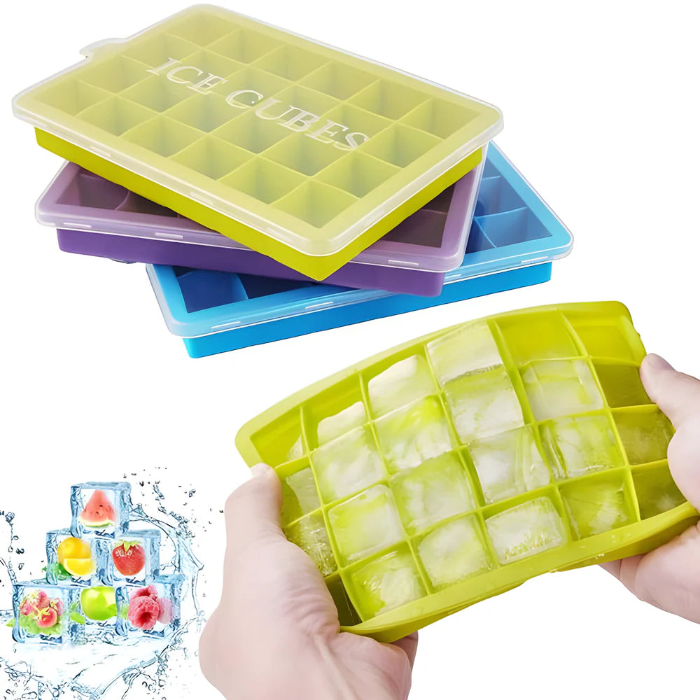 Multicolour silicone ice tray with lid, lime-green grid compartments, shown stacked