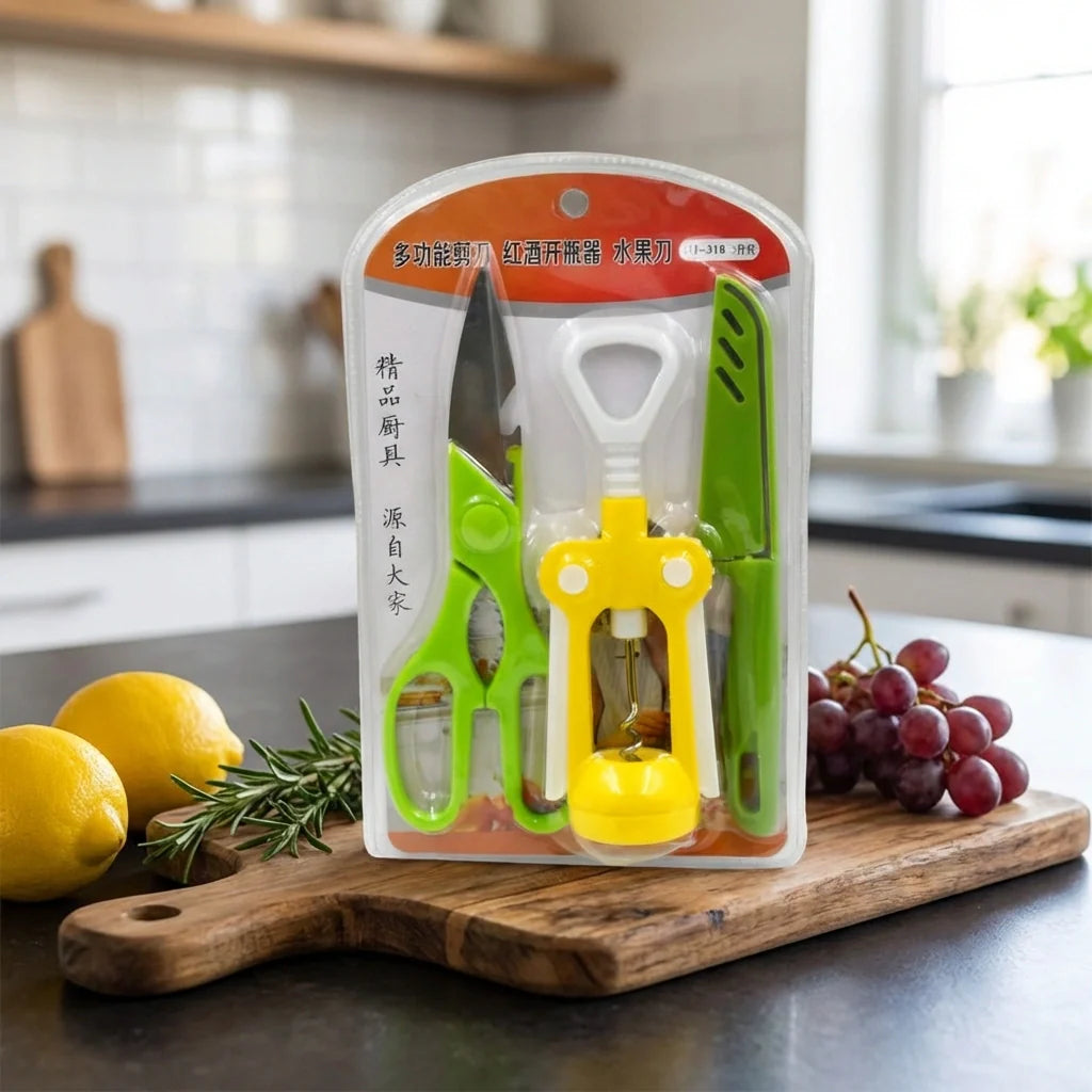 Multifunction kitchen tool set in plastic case with green and yellow accessories