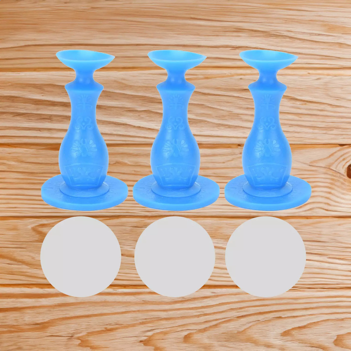 Blue silicone door stoppers with round washer pads, set of three