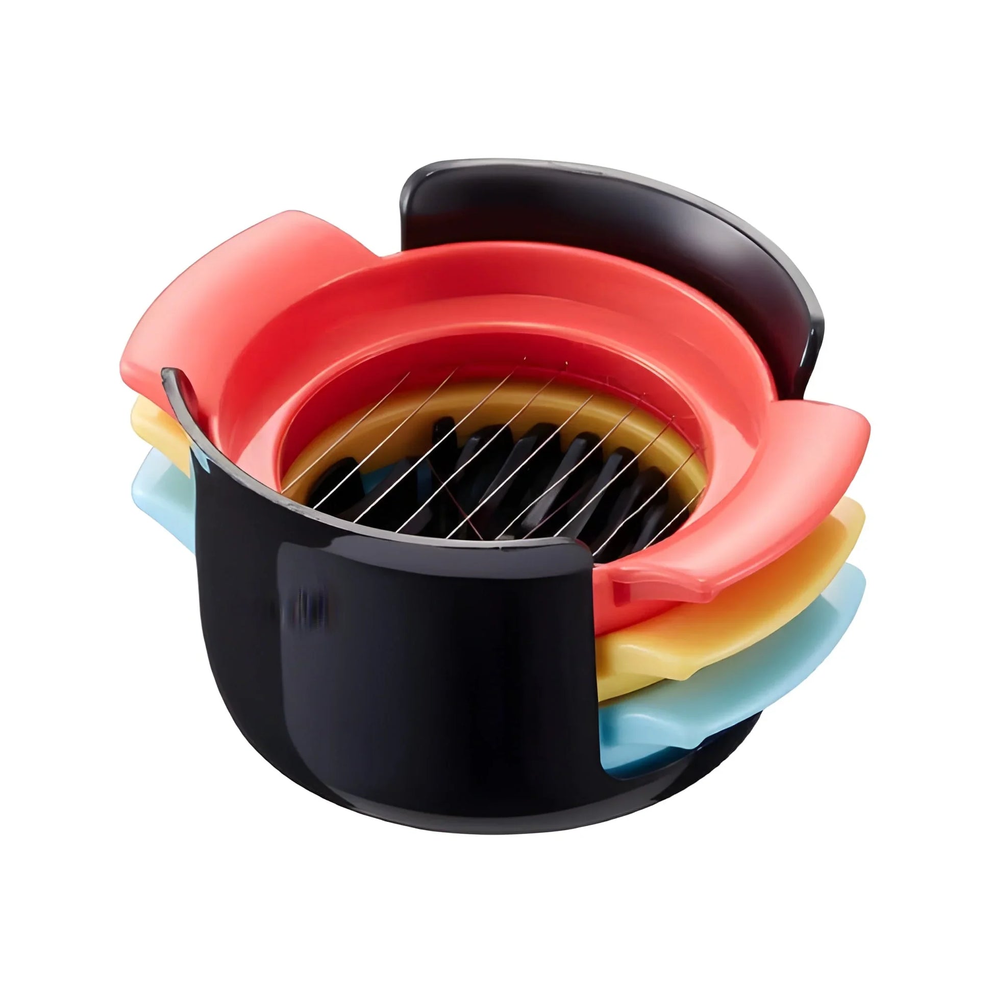 3-in-1 kitchen chopper with black base, red insert, and blade grate