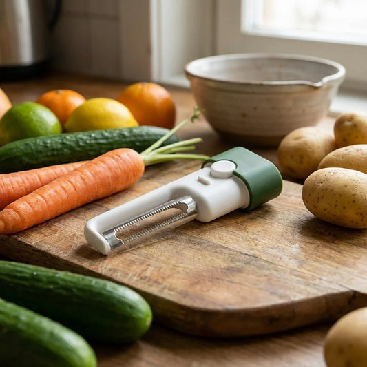 Handheld fruit and vegetable peeler with green grip and stainless blade