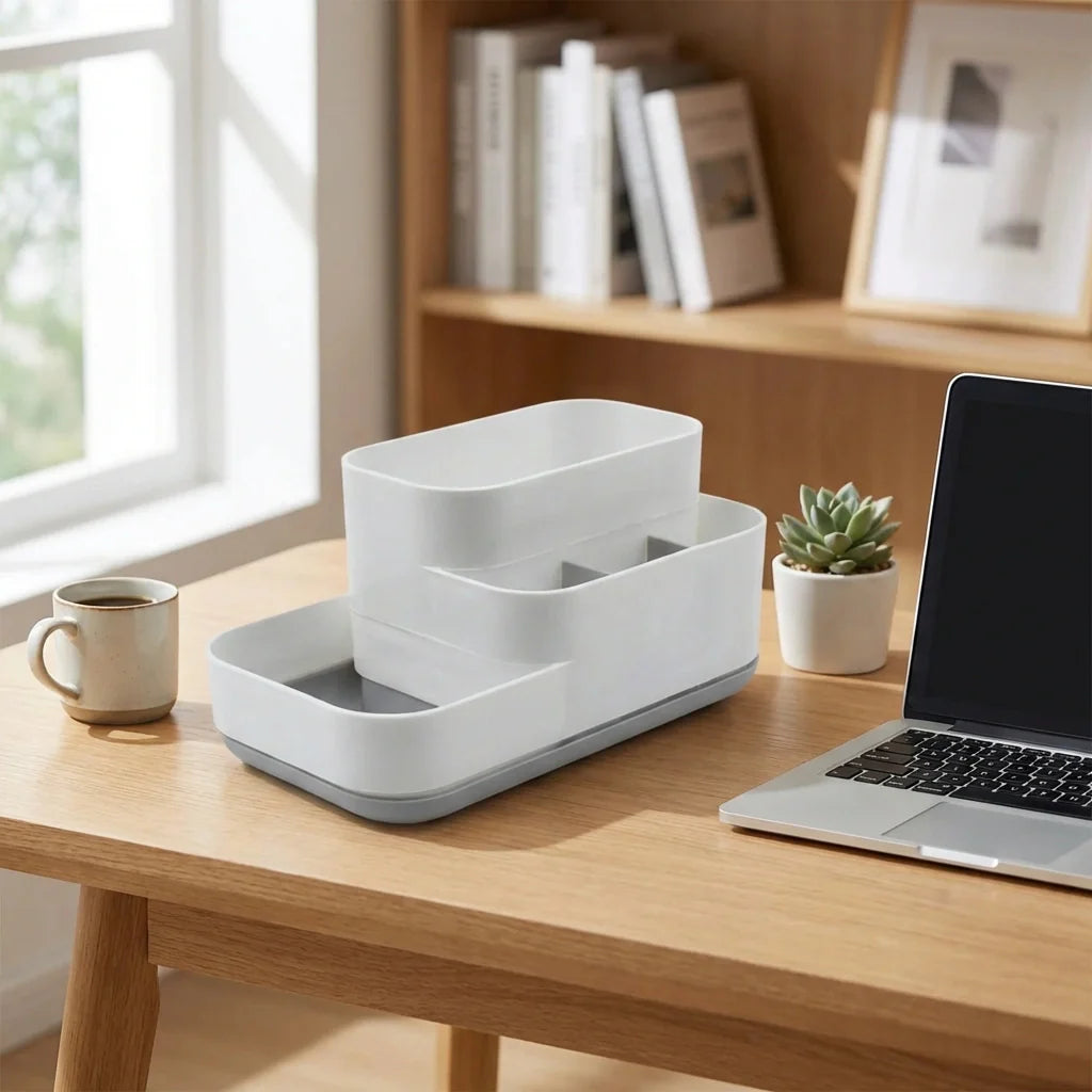 Multi-compartment desk storage organizer box with gray base and white top insert