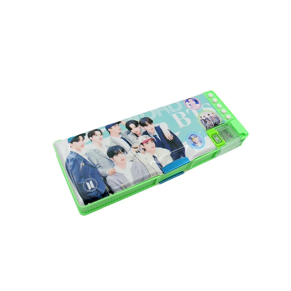 Multipurpose compass box pencil case with cartoon photo collage and green trim
