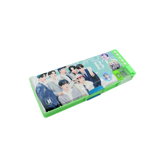 Multipurpose compass box pencil case with cartoon photo collage and green trim