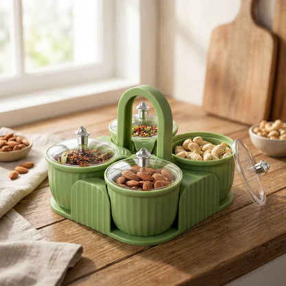 Green multipurpose dry fruit jar set with four lidded compartments and serving tray