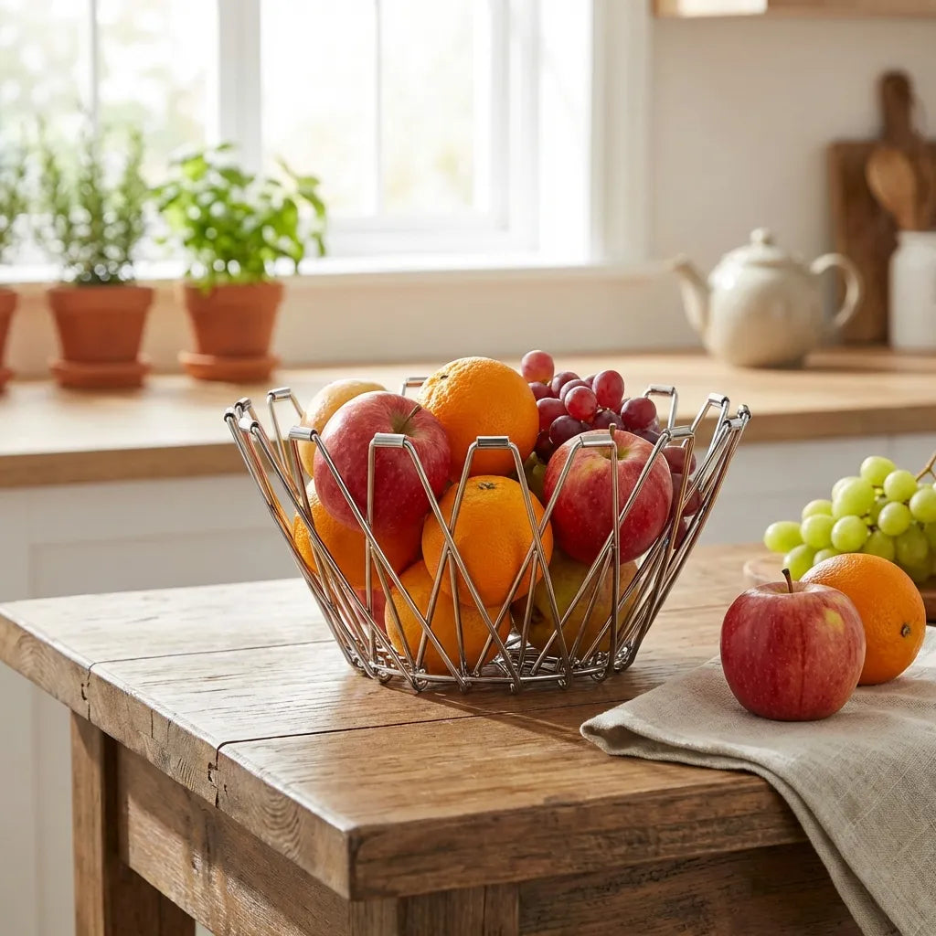 Fruit basket with wire frame filled with red apples, oranges, and grapes.