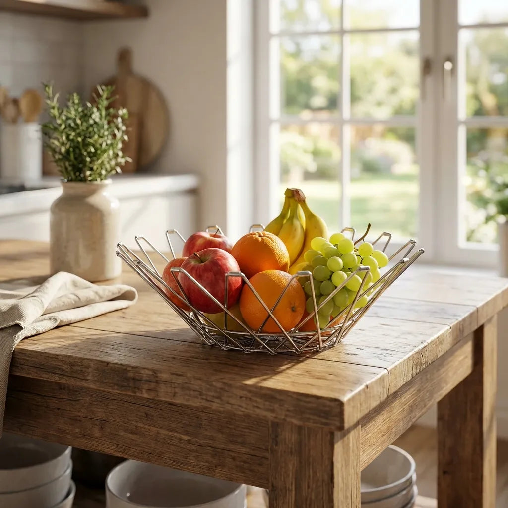 Fruit basket with wire frame holding pears, oranges, and green grapes.