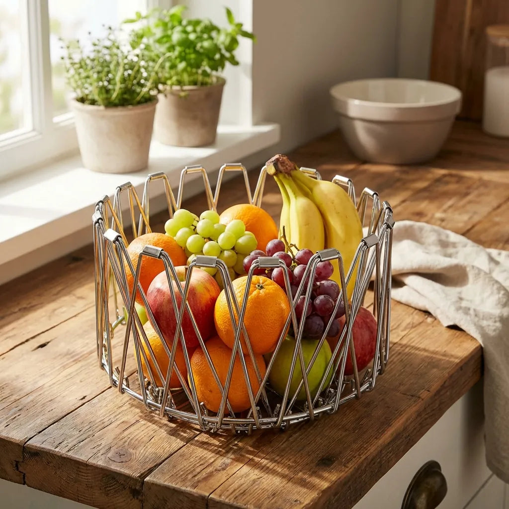 Fruit basket with wire frame filled with bananas, oranges, apples, and grapes.