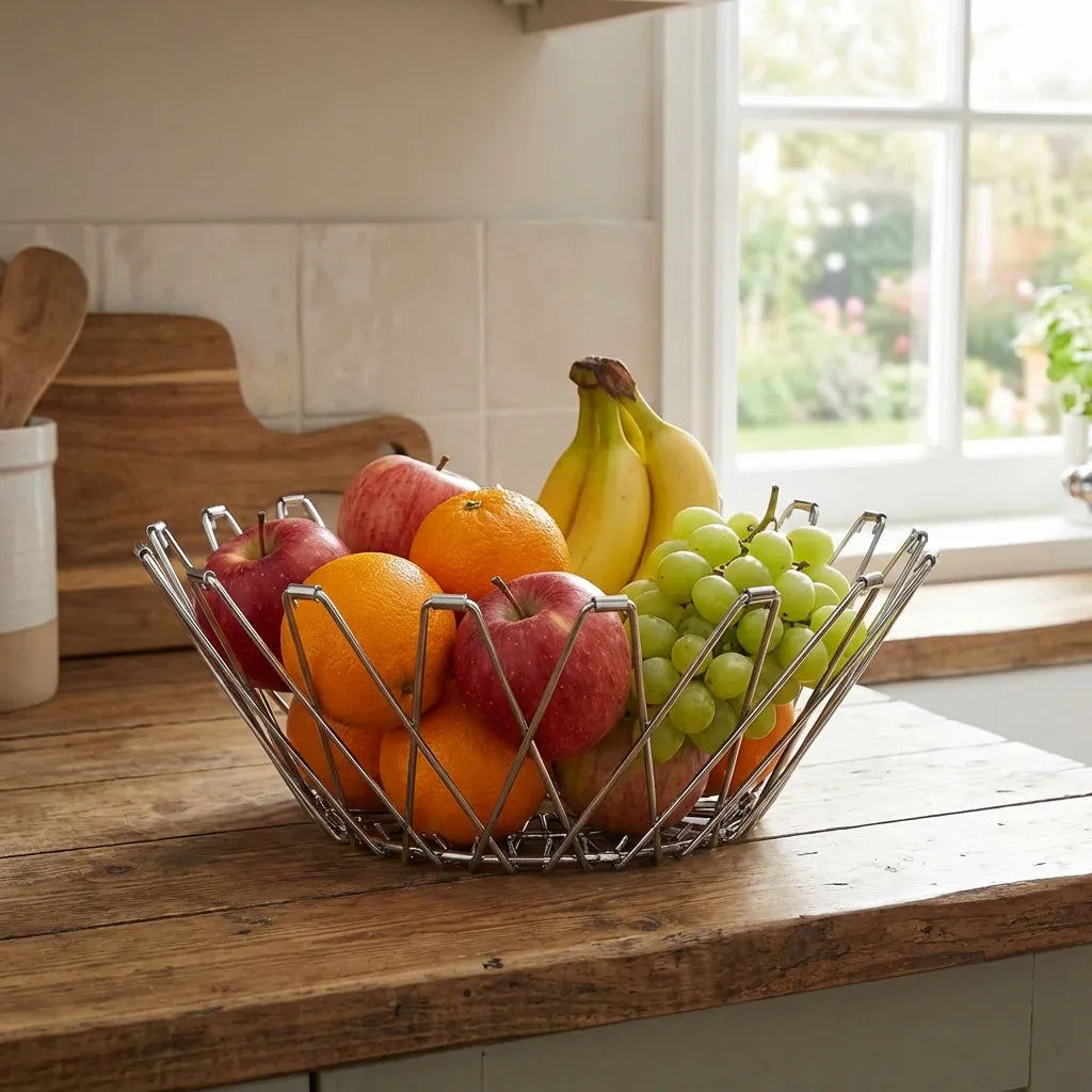Fruit basket with wire frame holding apples, oranges, and bananas.
