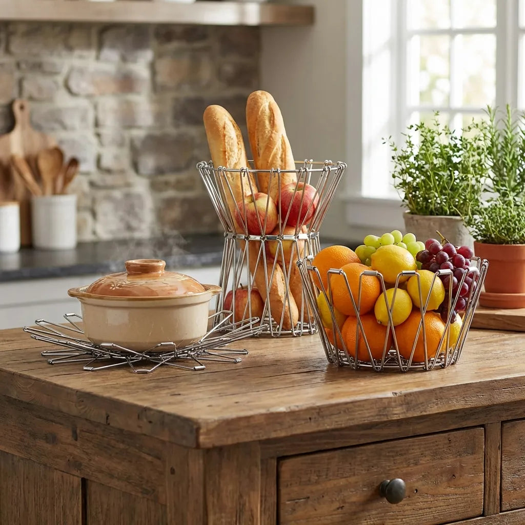 Fruit basket with wire frame holding bread rolls and assorted fruit.