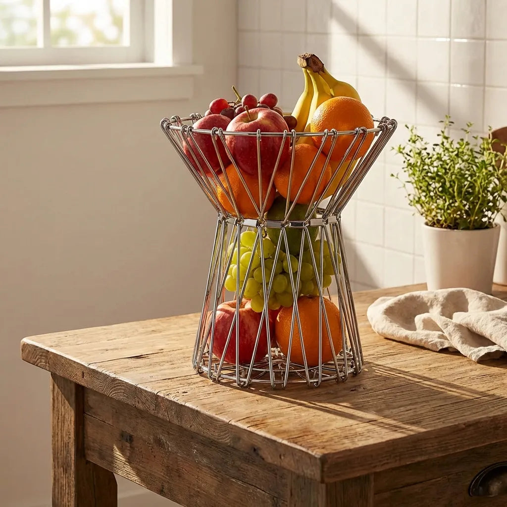 Fruit basket with wire frame holding bananas, grapes, and apples.