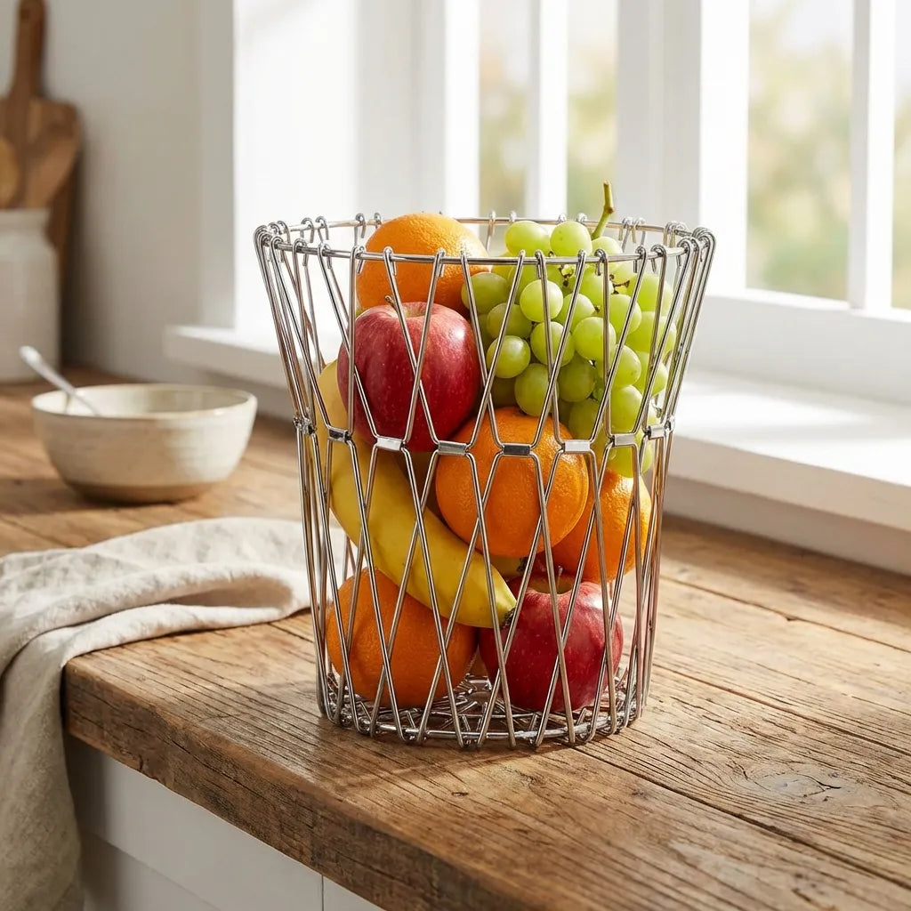 Multipurpose fruit basket with wire frame, holding apples, oranges, and grapes.