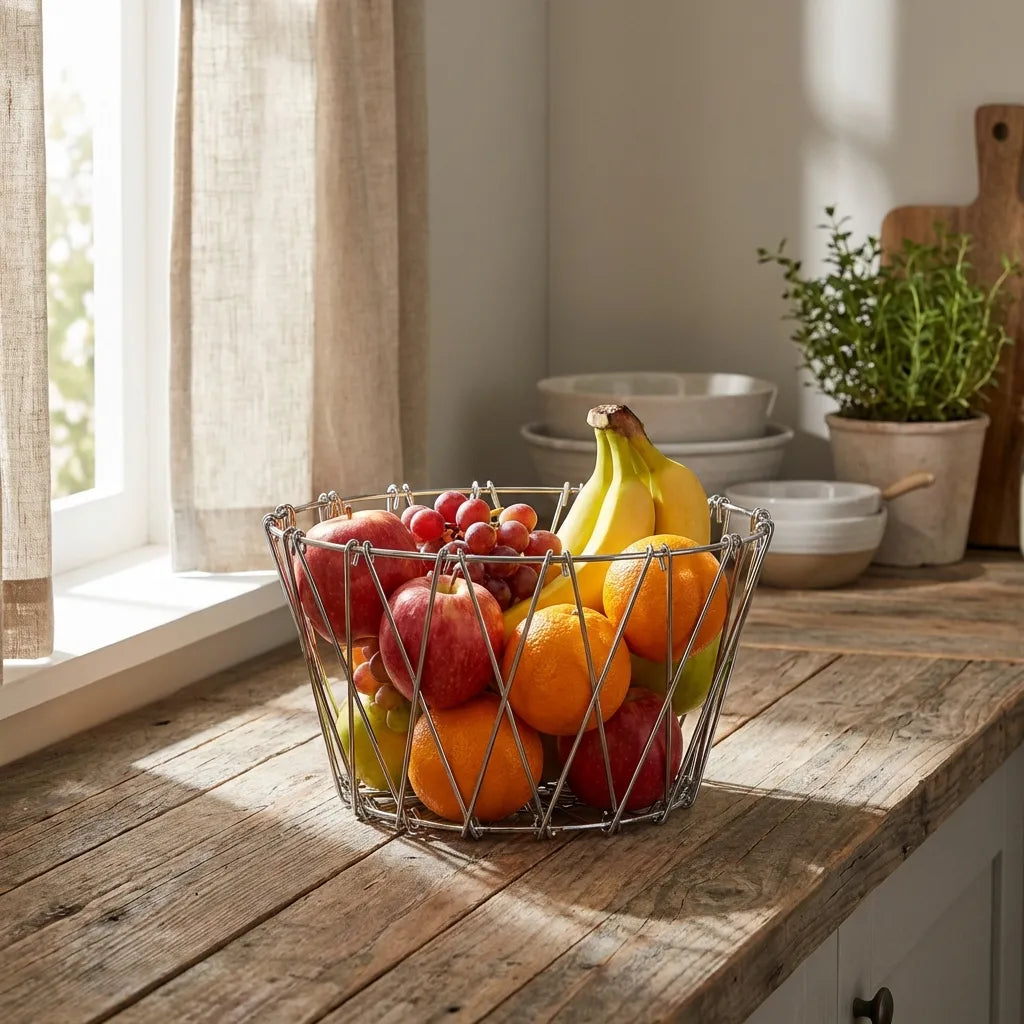 Fruit basket with wire frame holding bananas and mixed apples and oranges.