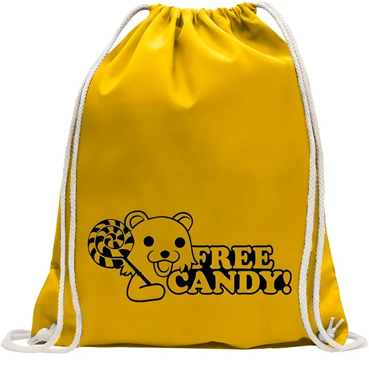 Yellow dori drawstring bag with bear graphic and 'FREE CANDY' text