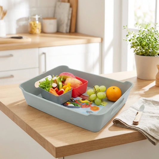Multipurpose gray plastic tray with fruit pieces and snack items