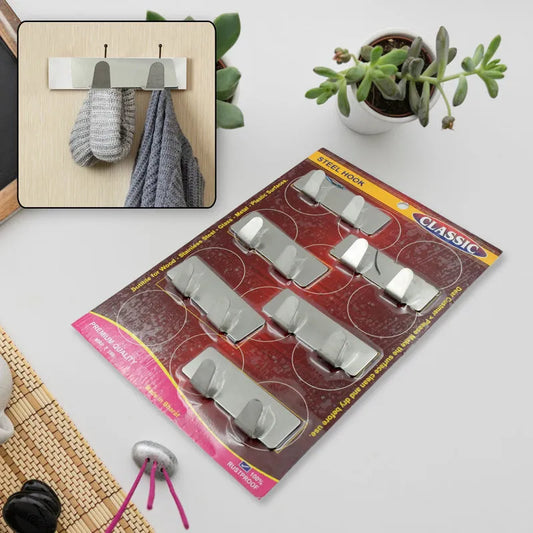 6-pack self-adhesive wall hooks, gray metal, blister card