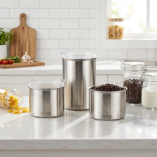 Set of stainless steel multipurpose food containers with transparent lids, stackable.