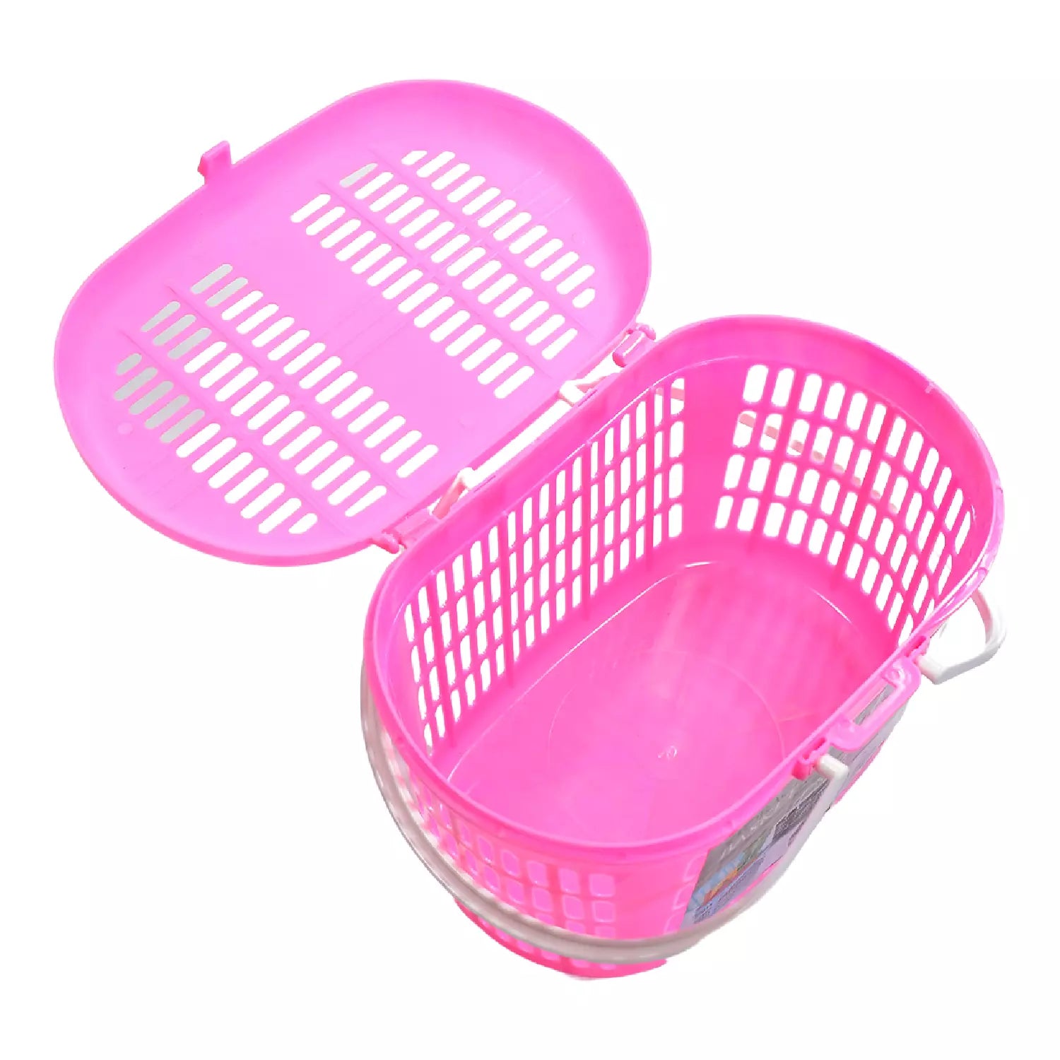 Pink multipurpose storage baskets with hinged lids and side vents