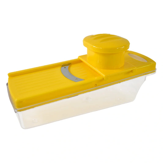 Yellow multipurpose vegetable and fruit slicer with protective blade and container
