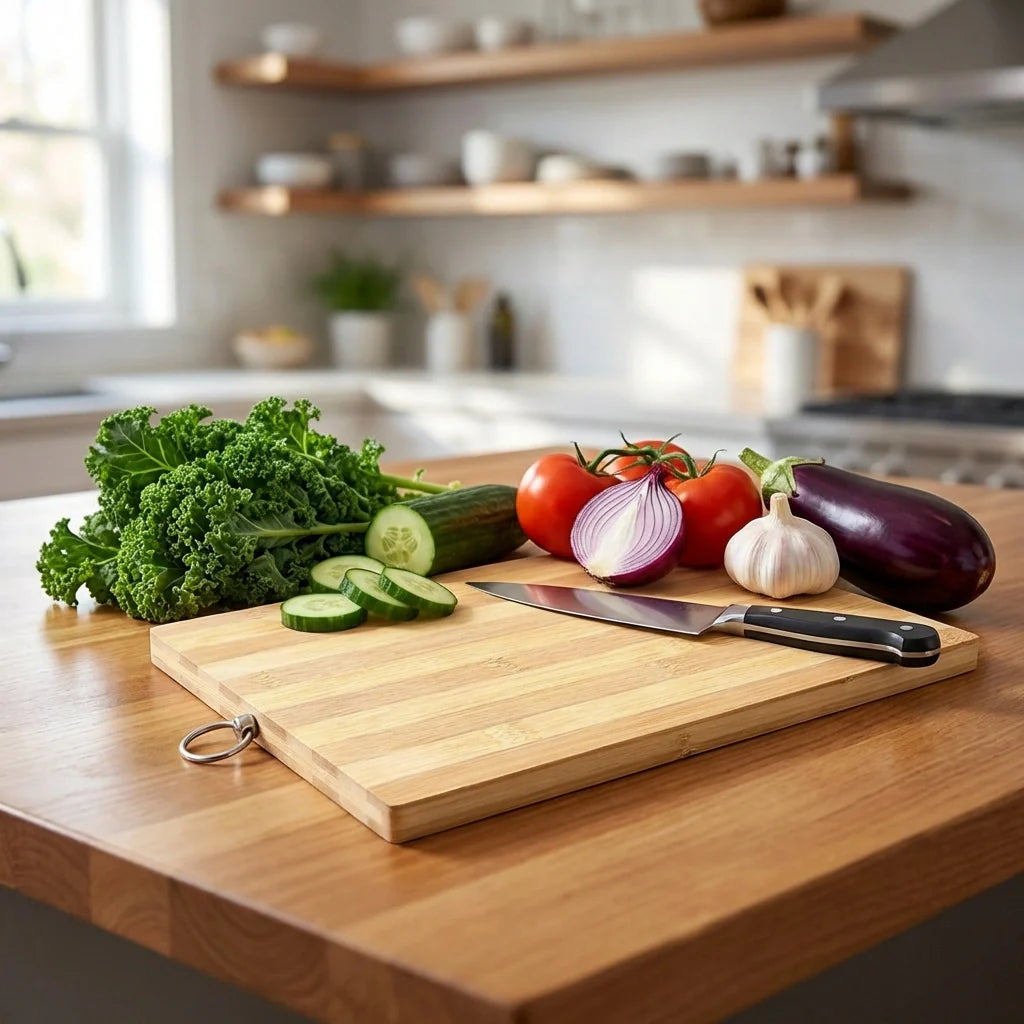 Natural wooden cutting board with vegetables and a black-handled knife