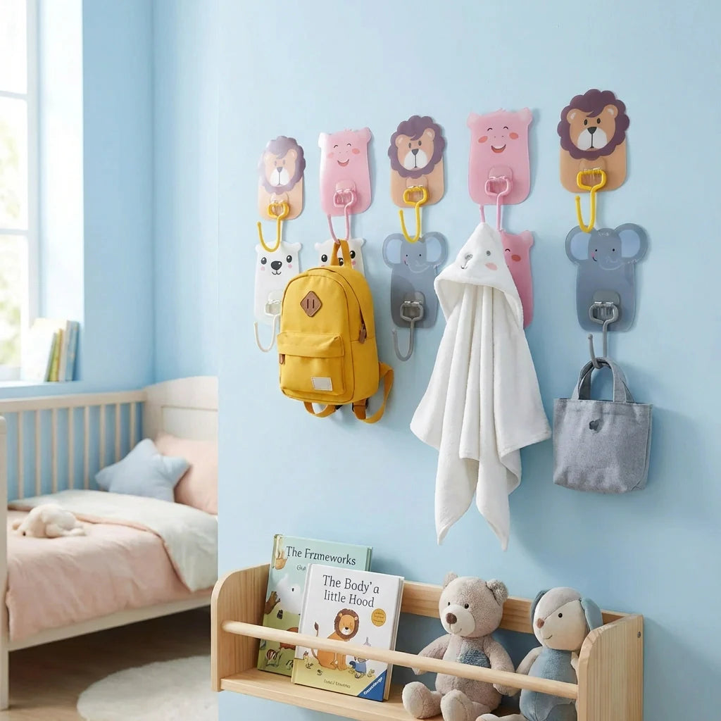 Cartoon animal wall hooks set with multiple adhesive backings and metal hooks