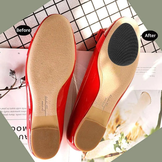 Pair of beige non-slip shoe pads with dark top grip surface